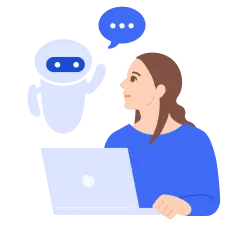 ノートPCで作業をしながら浮遊するAIロボットを見つめる女性