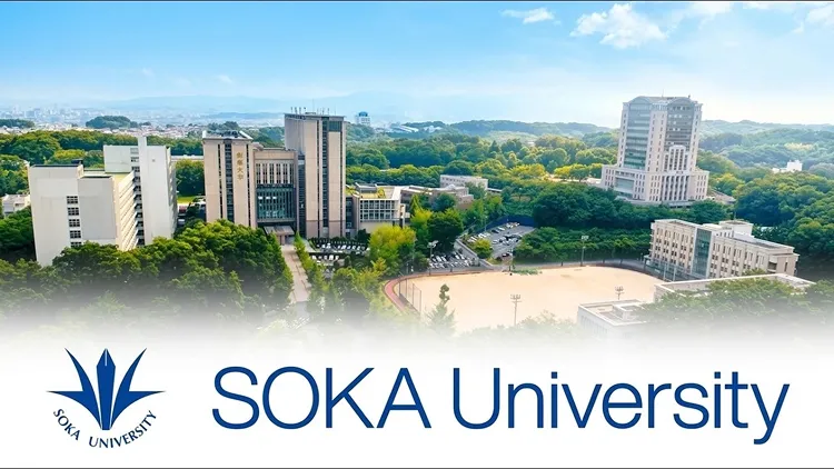 Video thumbnail showing students waving, with the text ‘April 2026: Soka University—Always Moving Forward’