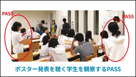 赤枠と文字で強調されたポスター発表を聴く学生