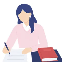 ノートに文字を書くピンク服の女性のイラスト