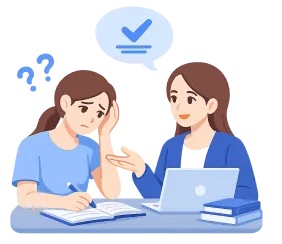 悩みながら勉強する生徒と説明する講師のイラスト