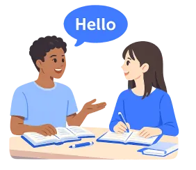 「Hello」と話しかけながら勉強する男女の学生のイラスト