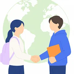 地球儀の前で握手する学生のイラスト