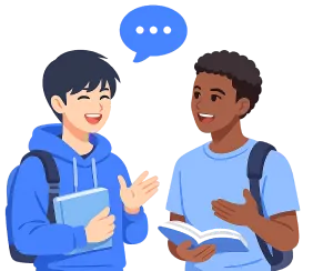 吹き出しの下で会話する2人の男子学生のイラスト