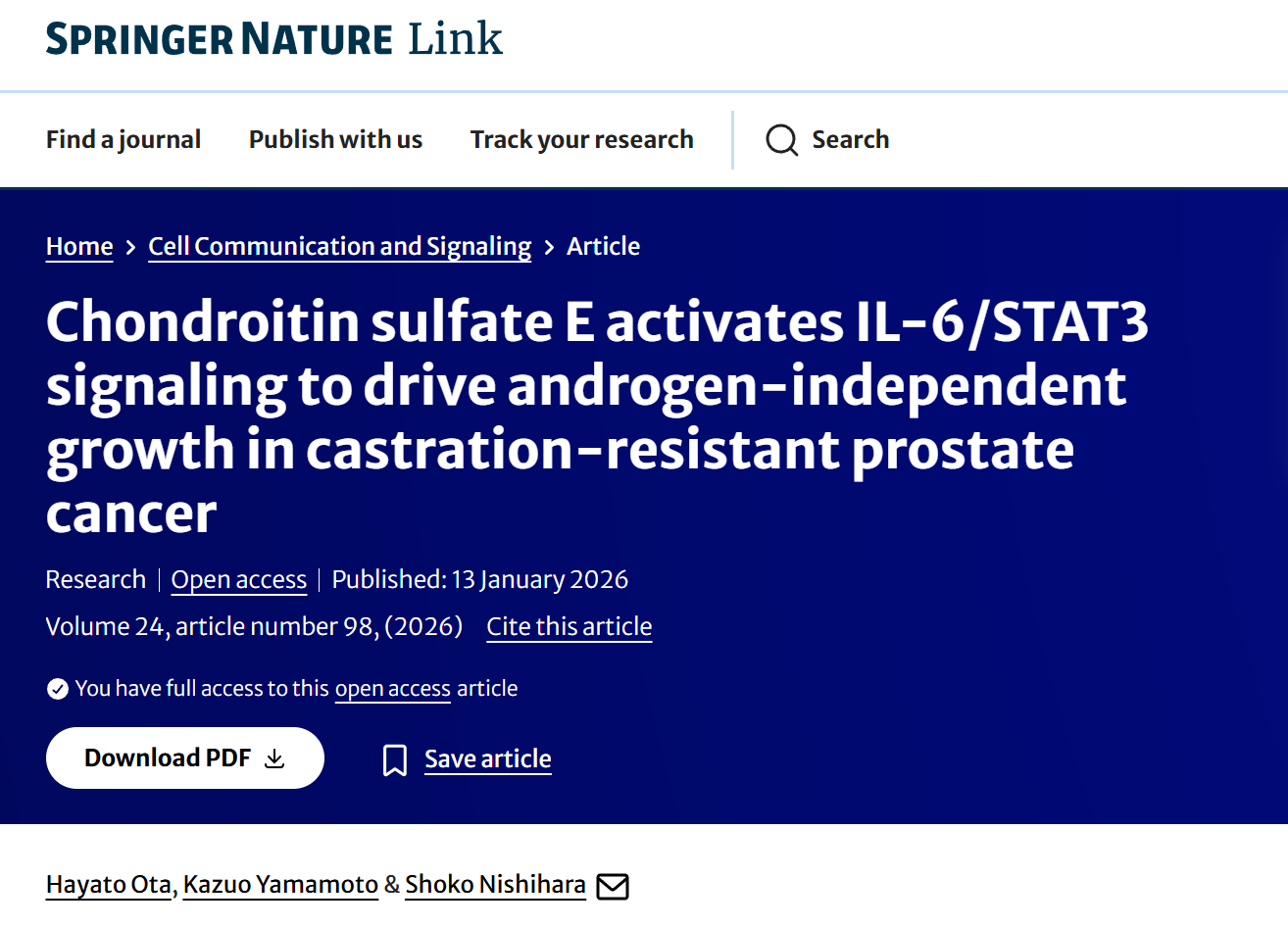 太田隼人助教の論文が国際誌 Cell Communication and Signaling に掲載