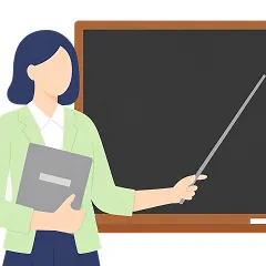 黒板を指し棒で示す緑服の女性のイラスト