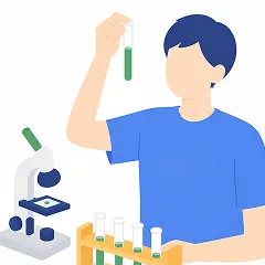実験中の青い服の男性のイラスト